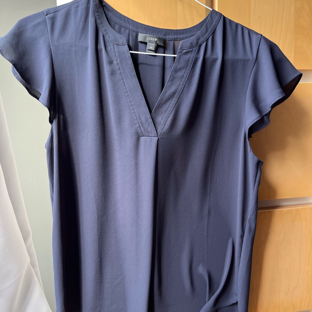 J. Crew Blue Flutter Sleeve Blouse with Mandarin Collar